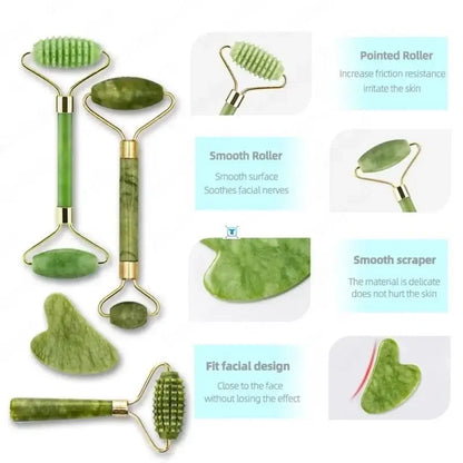 Natural Jade Roller & Gua Sha Set for Facial Lifting, Wrinkle Reduction & Skin Care