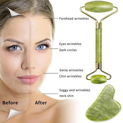 Natural Jade Roller & Gua Sha Set for Facial Lifting, Wrinkle Reduction & Skin Care